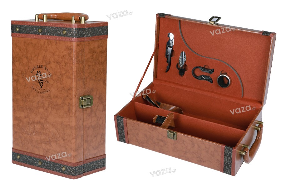 Luxury case for 2 wine bottles with serving accessories and brown leather lining