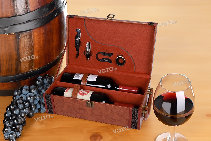 Luxury case for 2 wine bottles with serving accessories and brown leather lining