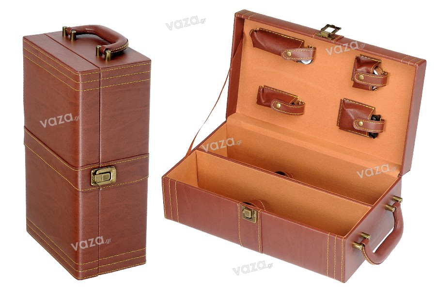 Luxury case for 2 wine bottles with accessories and brown leather coating