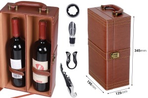 Luxuriöses Etui für 2 Weinflaschen mit Zubehör und braunem Lederfutter-εικόνα_διαστάσεις