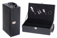 Luxury case for 2 wine bottles with accessories and leather coating in black color