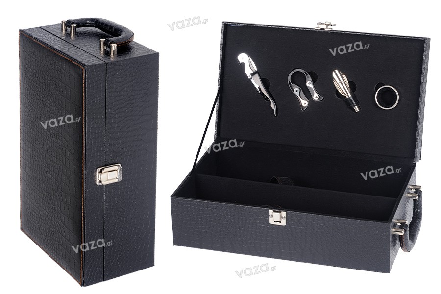 Luxury case for 2 wine bottles with accessories and leather coating in black color