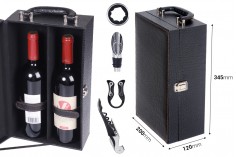 Luxury case for 2 wine bottles with accessories and leather coating in black color
