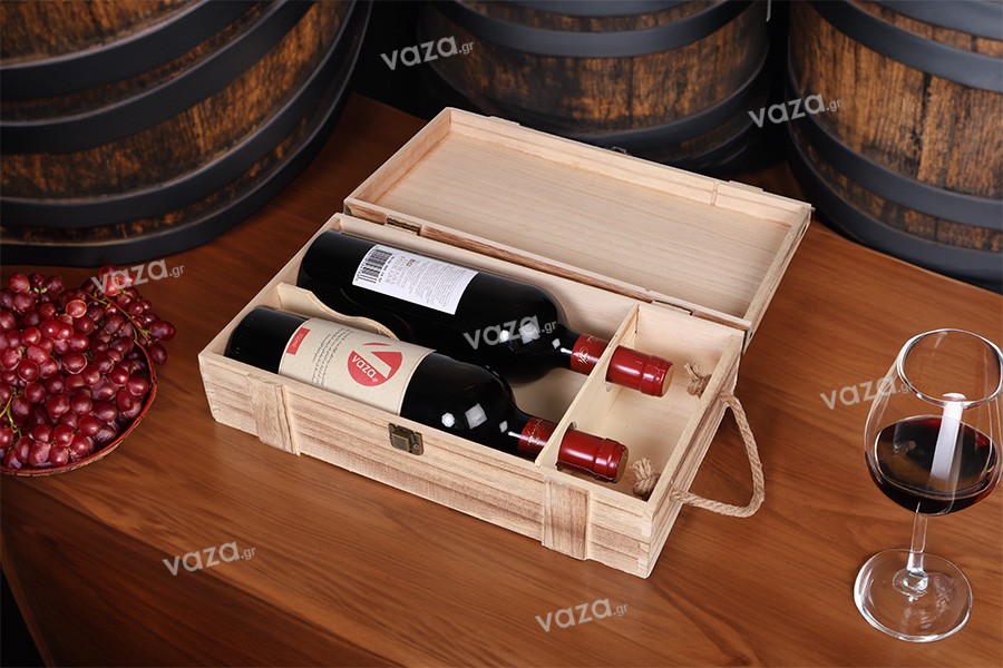 Wooden storage box for 2 wine bottles with handle