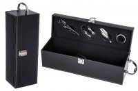 Luxury case for wine bottle with accessories and leather lining in black color