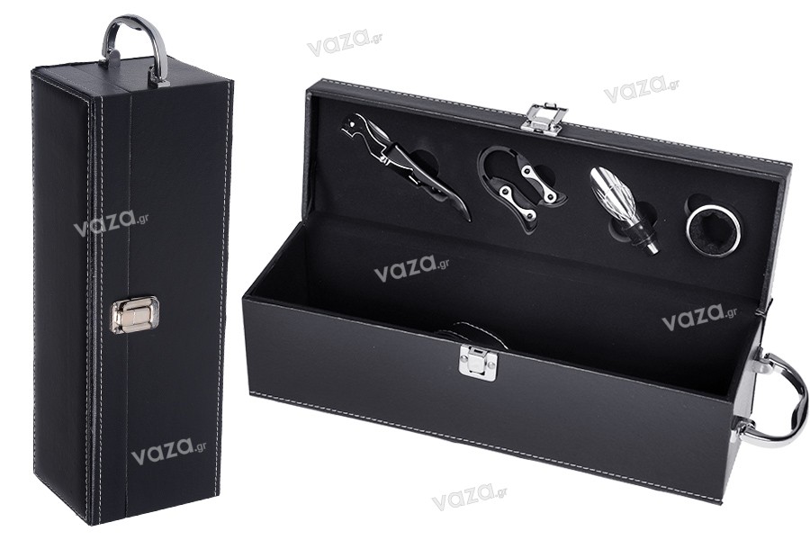 Luxury case for wine bottle with accessories and leather lining in black color