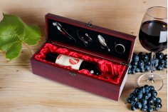 Luxury wooden box with accessories for wine bottle