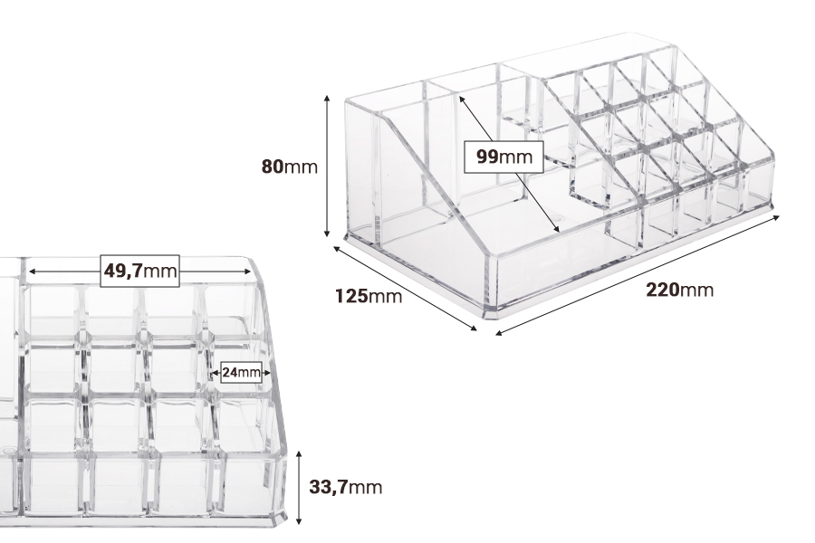 Kuti – bazë akrilike për organizimin e produkteve kozmetike dhe makijazhit, 4 nivele (15 vende) me pasqyrë.-imazh_dimensione