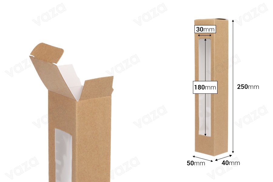 Kraftpapierschachtel (350g/m²) 50x40x250 mm mit Fenster - 20 Stück Kraftpapierschachtel (350g/m²) 50x40x250 mm mit Fenster - 20 Stück-bildabmessungen