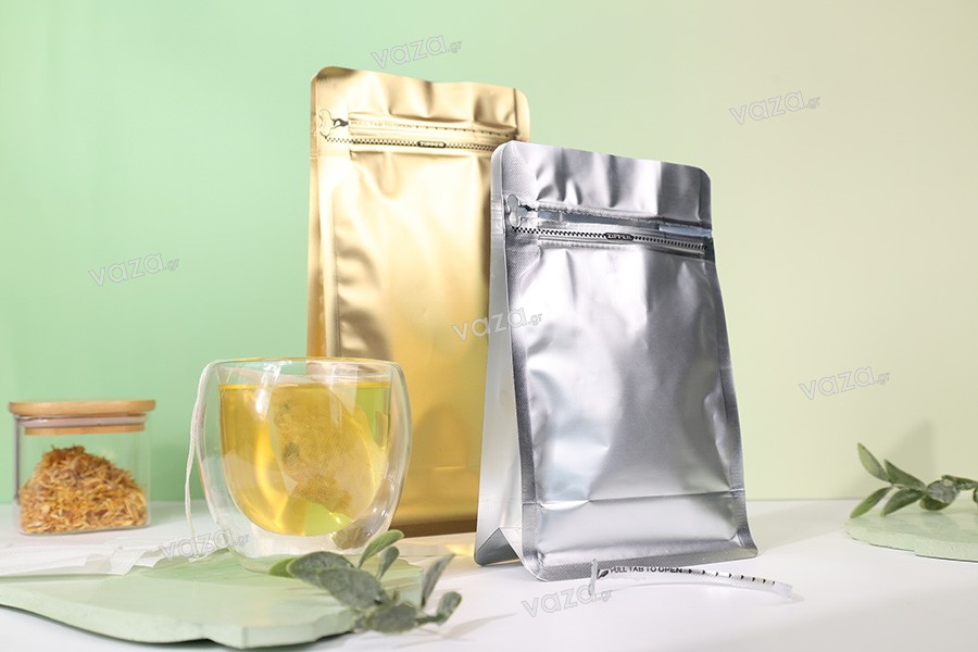 Σακουλάκια αλουμινίου τύπου Doy Pack 135x75x265 mm με βαλβίδα, κλείσιμο με θερμοκόλληση, άνοιγμα με ταινία ασφαλείας και χρήση του zipper - 25 τμχ