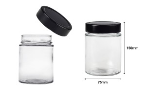 Γυάλινο κυλινδρικό βάζο 280 ml με μαύρο καπάκι Τ.Ο 70 Deep - 105 τμχ-εικόνα_διαστάσεις