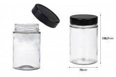 Zylindrisches Glasgefäß 380 ml mit schwarzem Deckel T.O 70 TIEFE 