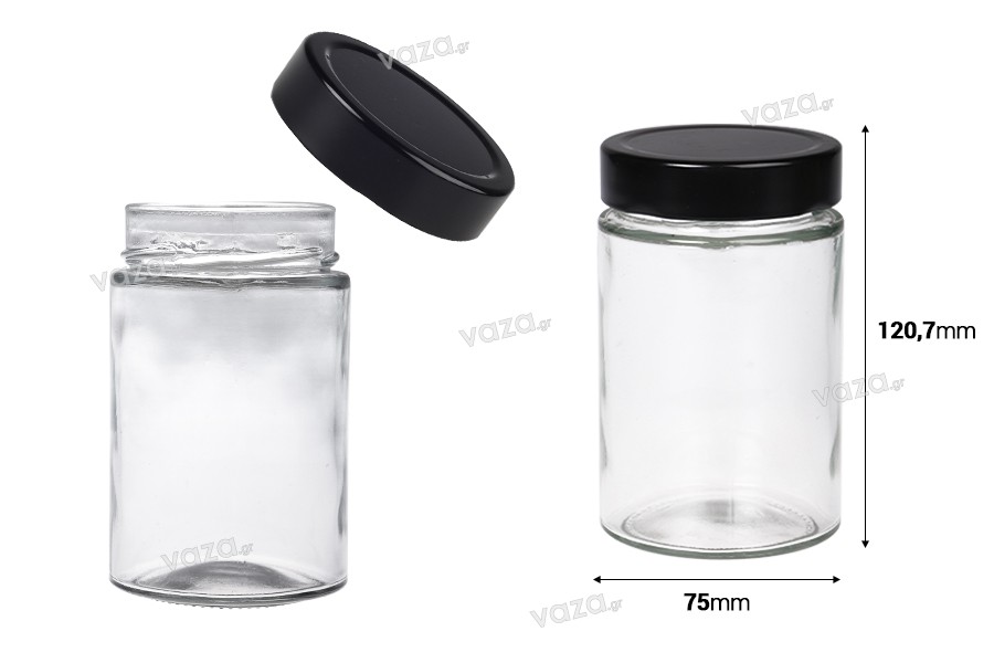 Cylindrical glass jar 380 ml with black cap T.O 70 DEEP 