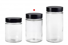 Zylindrisches Glasgefäß 380 ml mit schwarzem Deckel T.O 70 TIEFE 