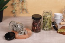 Zylindrisches Glasgefäß 500 ml mit schwarzem Deckel T.O 70 TIEFE Zylindrisches Glasgefäß 500 ml mit schwarzem Deckel T.O 70 TIEFE