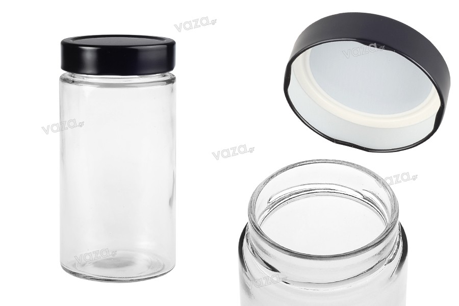 Zylindrisches Glasgefäß 500 ml mit schwarzem Deckel T.O 70 TIEFE 
