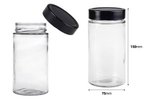 Γυάλινο κυλινδρικό βάζο 500 ml με μαύρο καπάκι Τ.Ο 70 Deep - 60 τμχ-εικόνα_διαστάσεις