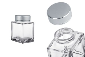 Γυάλινο βάζο 100 ml πολυτελείας με ασημί ματ καπάκι και ασημί ρίγα - 6 τμχ-εικόνα_προϊοντική