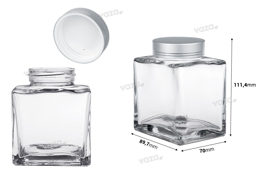Pot en verre de luxe 360 ml avec couvercle argenté mat et bande argentée - 6 pcs