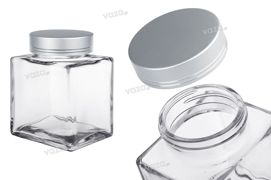 Borcan de sticla de lux 500 ml cu capac argintiu mat si dunga argintie - 6 buc