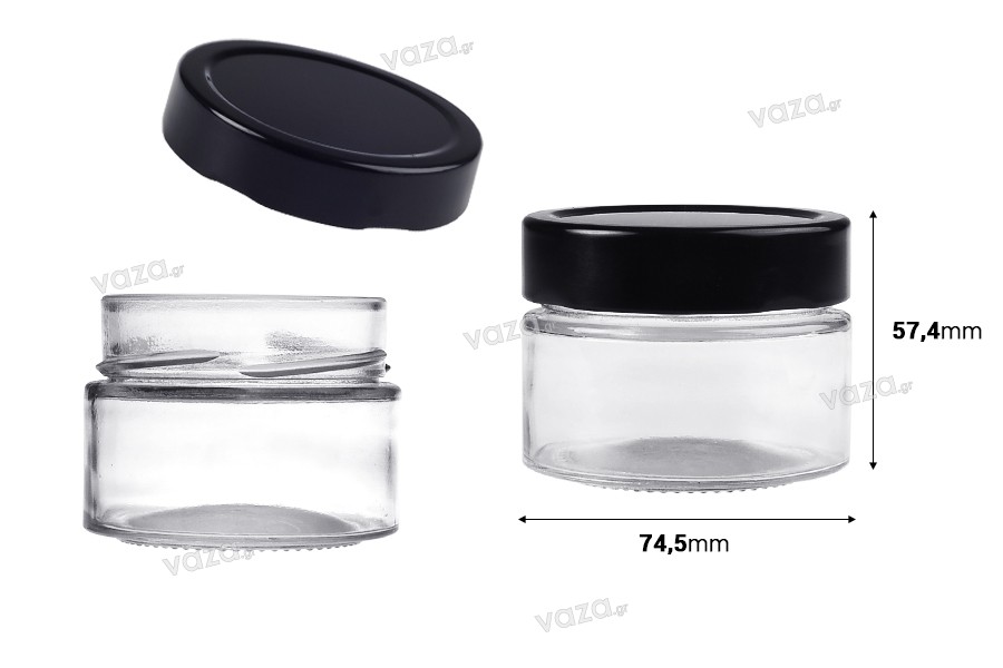 Γυάλινο κυλινδρικό βάζο 100 ml με μαύρο καπάκι Τ.Ο 70 Deep - 140 τμχ