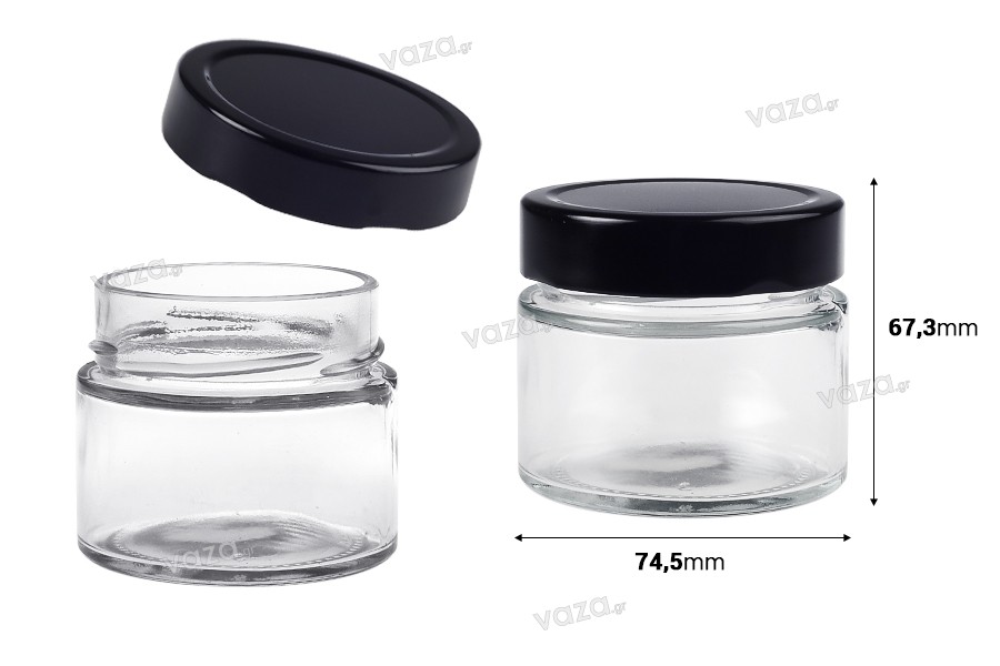 Cylindrical glass jar 150 ml with black cap T.O 70 Deep - 120 pcs