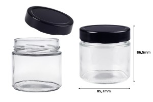 Γυάλινο κυλινδρικό βάζο 280 ml με μαύρο καπάκι Τ.Ο 82 Deep - 96 τμχ-εικόνα_διαστάσεις