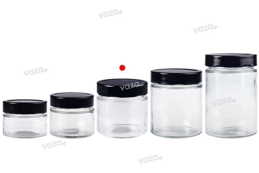 Cylindrical glass jar 280 ml with black lid T.O 82 Deep - 96 pcs