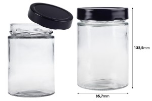 Cylindrical glass jar 500 ml with black cap T.O 82 Deep - 60 pcs-εικόνα_διαστάσεις