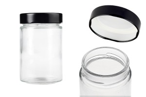 Cylindrical glass jar 220 ml with black cap T.O 63 Deep - 105 pcs-1