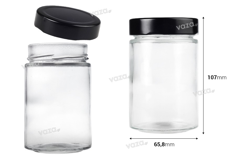 Cylindrical glass jar 220 ml with black cap T.O 63 Deep - 105 pcs