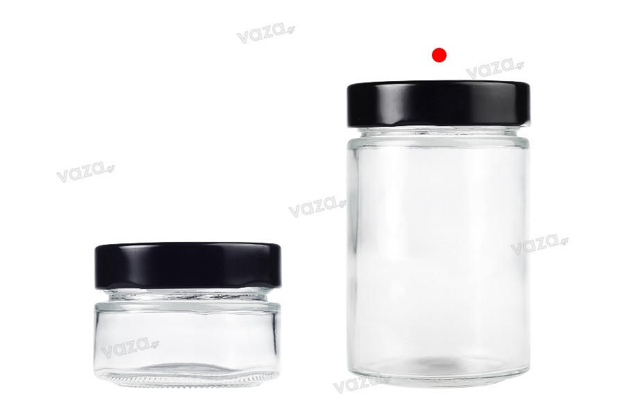 Cylindrical glass jar 220 ml with black cap T.O 63 Deep - 105 pcs