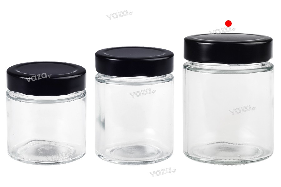 Cylindrical glass jar 180 ml with black lid T.O 63 Deep - 120 pcs
