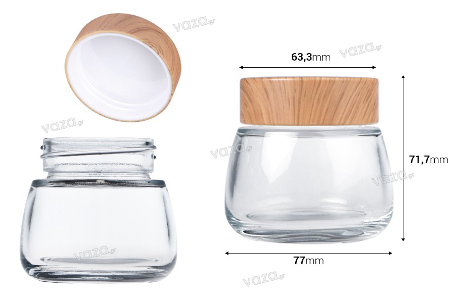 Pot en verre 150 ml avec couvercle en plastique design bois - 6 pcs