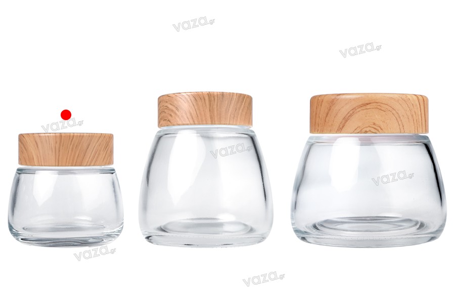 Pot en verre 150 ml avec couvercle en plastique design bois - 6 pcs