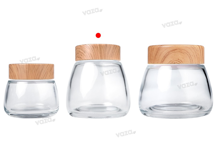 Barattolo di vetro da 280 ml con coperchio in plastica con design in legno - 6 pz