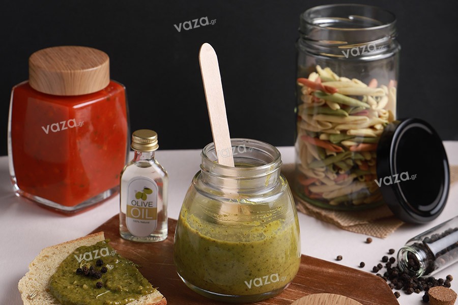 Γυάλινο βάζο 360 ml με πλαστικό καπάκι σε σχέδιο ξύλου - 6 τμχ