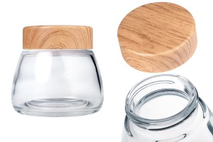 Pot en verre 360 ml avec couvercle en plastique design bois - 6 pcs-εικόνα_προϊοντική