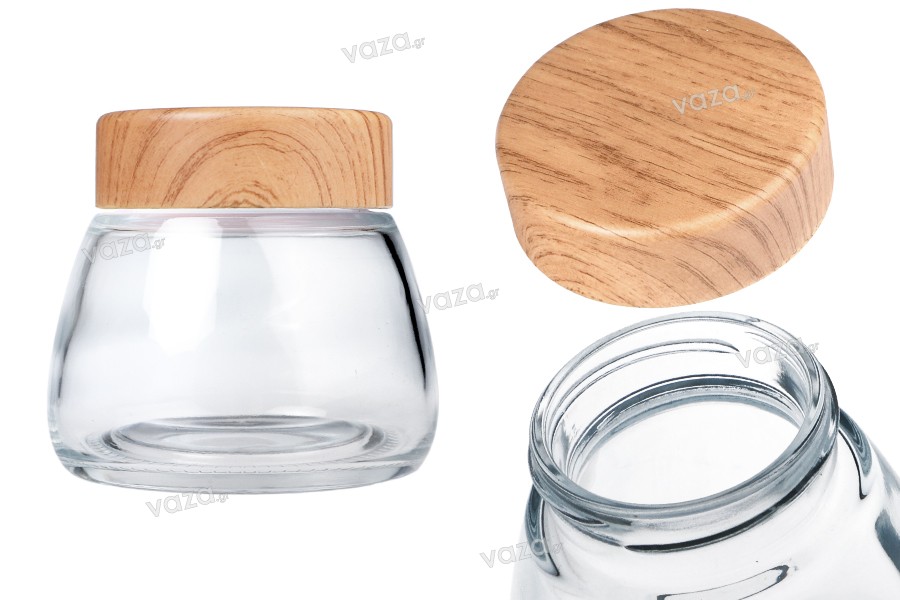 Glass jar 360 ml with plastic cap in wood design - 6 pcs