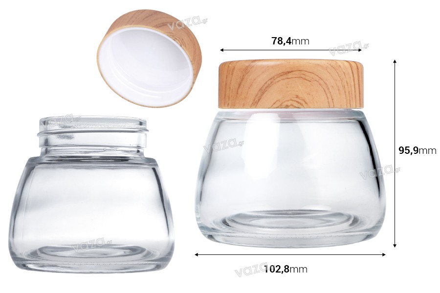Glass jar 360 ml with plastic cap in wood design - 6 pcs