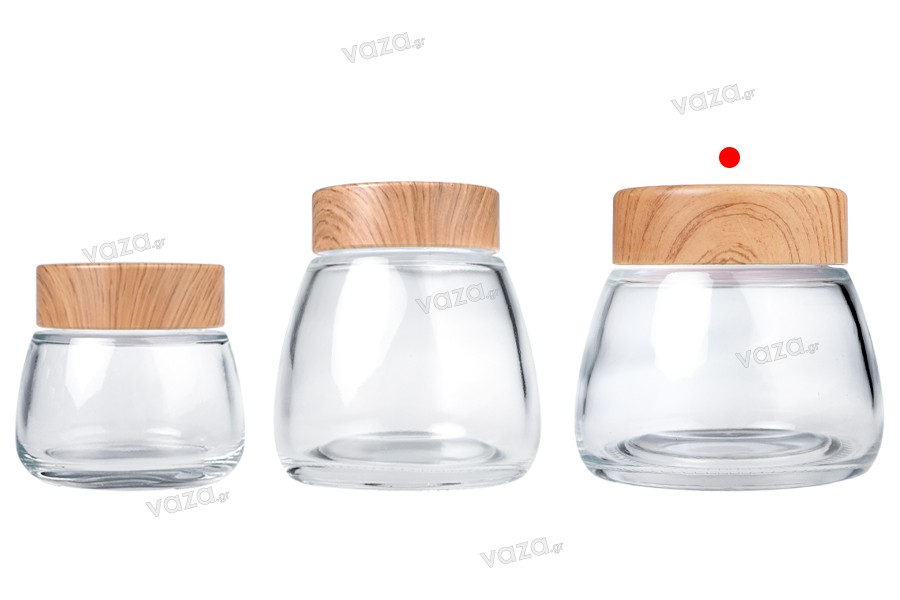 Γυάλινο βάζο 360 ml με πλαστικό καπάκι σε σχέδιο ξύλου - 6 τμχ