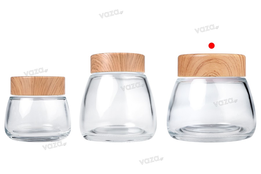 Glass jar 360 ml with plastic cap in wood design - 6 pcs