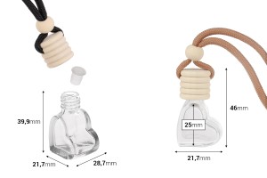 Flacon en forme de cœur 4 ml pour désodorisant de voiture avec bouchon en bois et bouchon en plastique - 25 pièces-εικόνα_διαστάσεις