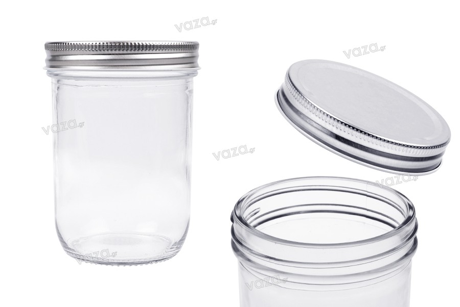 Pot en verre 450 ml avec couvercle en aluminium argenté - 6 pcs