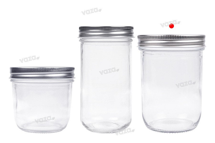 Pot en verre 450 ml avec couvercle en aluminium argenté - 6 pcs