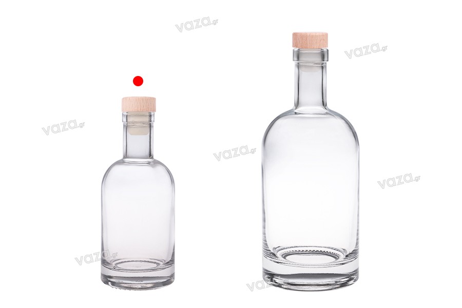 Bottiglia tonda in vetro da 200 ml con tappo in silicone e testa in legno