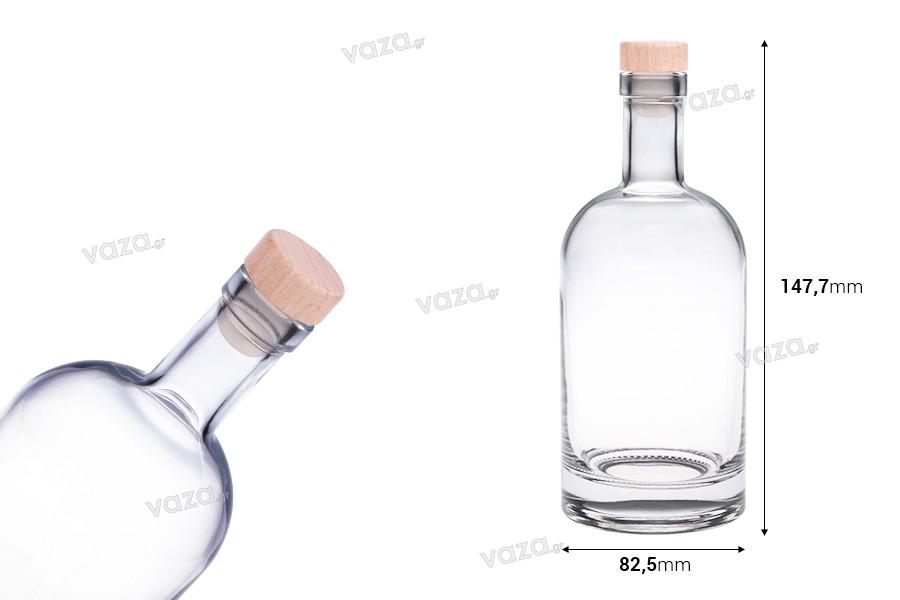 Γυάλινο στρογγυλό μπουκάλι 500 ml με φελλό σιλικόνης με ξύλινη κεφαλή
