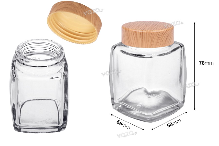 Pot en verre 100 ml avec couvercle en plastique design bois - 6 pcs