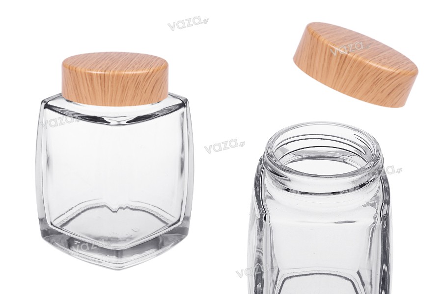 Pot en verre 180 ml avec couvercle en plastique design bois - 6 pcs
