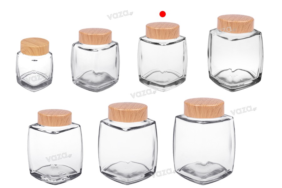 Glass jar 180 ml with plastic lid in wood design - 6 pcs